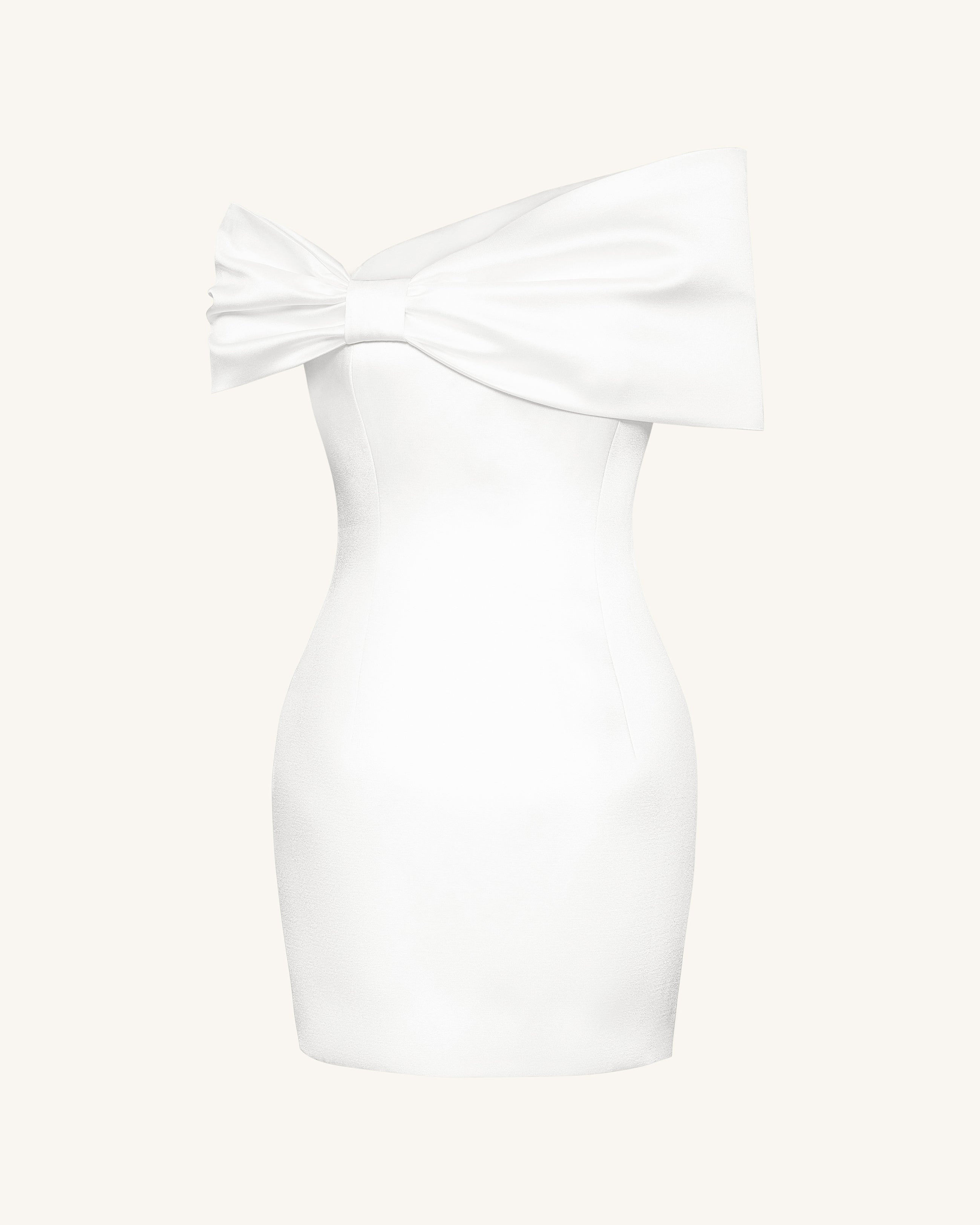 Satin Asymmetric Bow Mini Dress - White