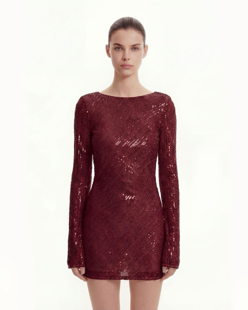 Diagonal Sequin Open-Back Long Sleeve Mini Dress - Claret