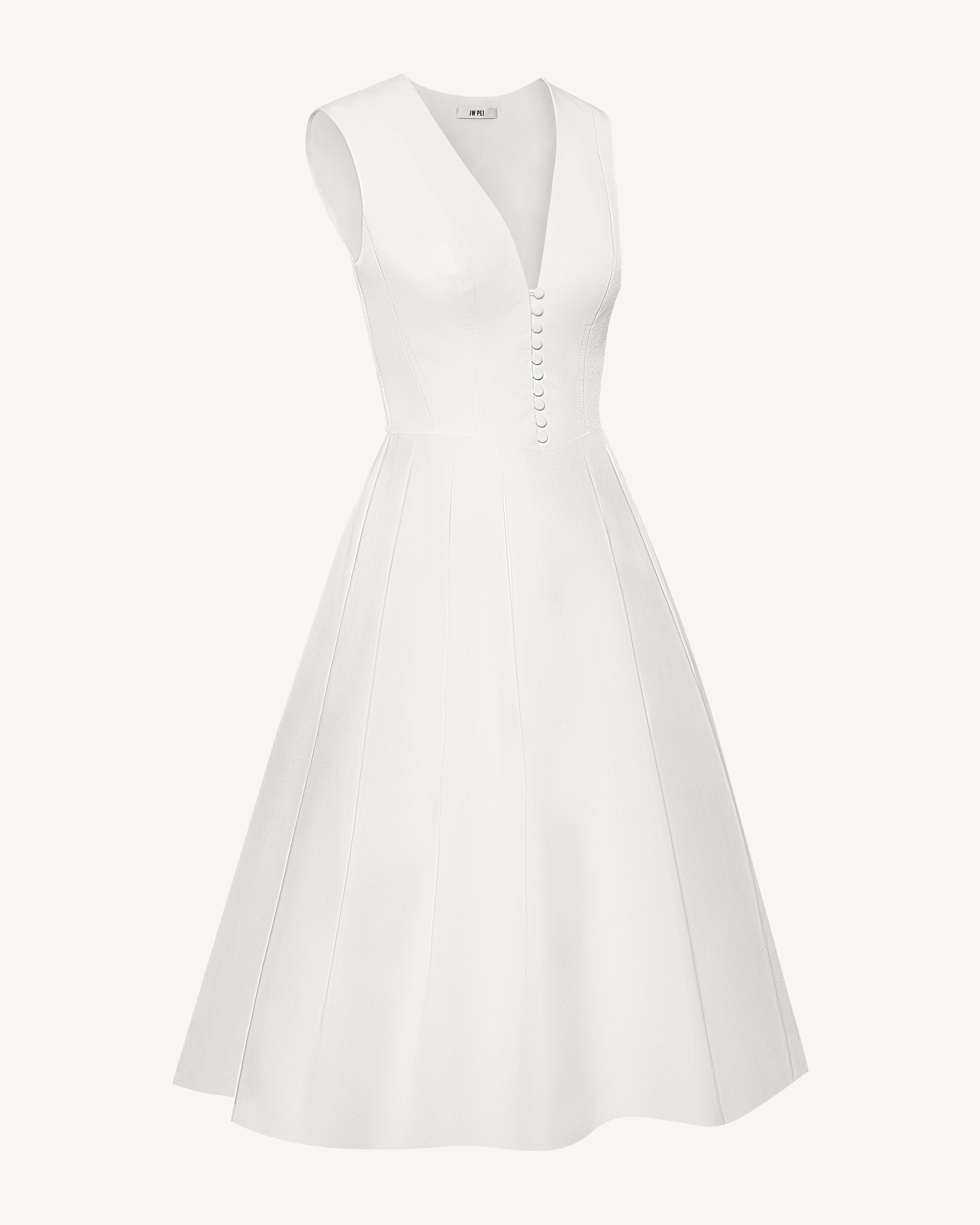 Front V-Neck Pleated Midi Dress - White