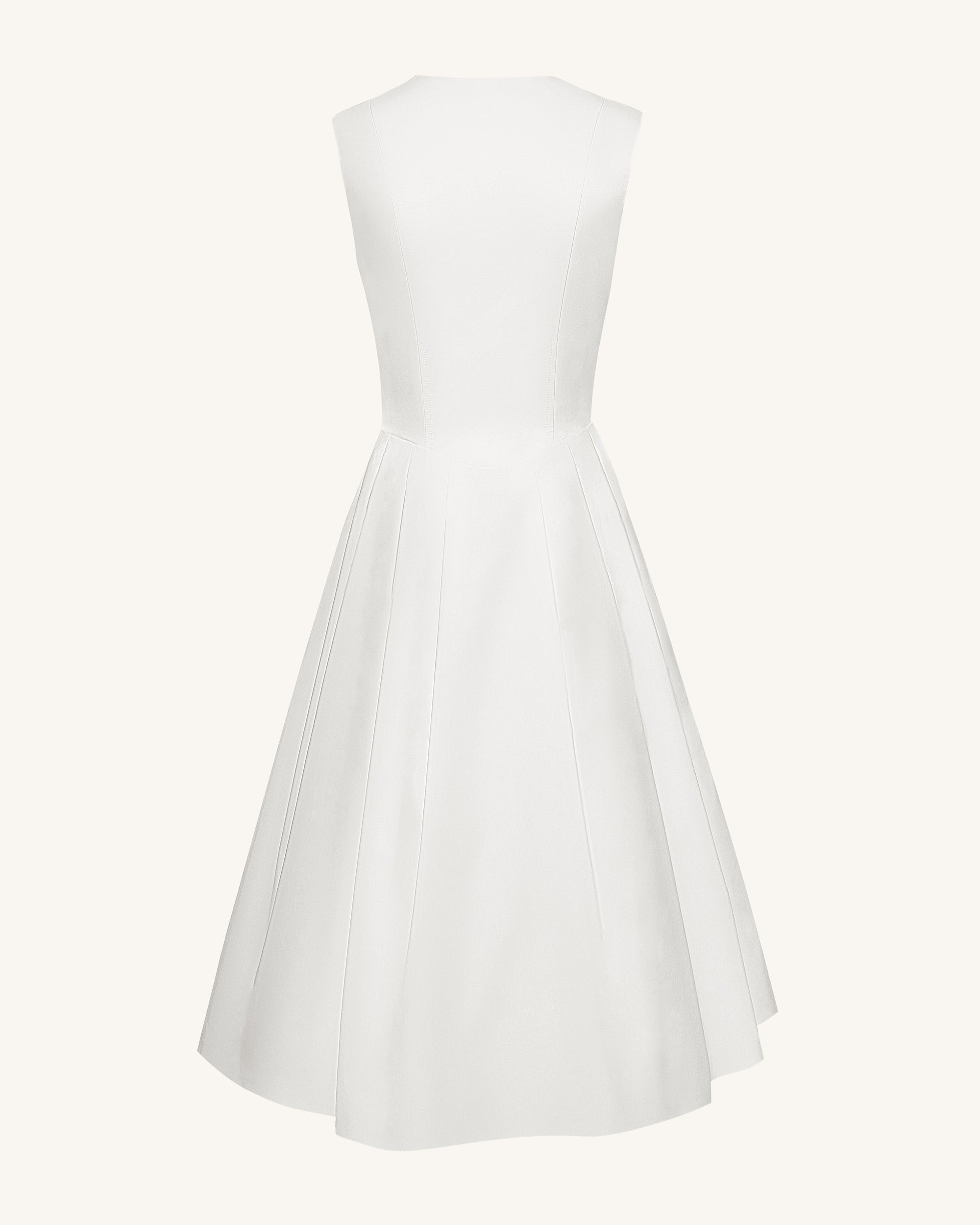 Front V-Neck Pleated Midi Dress - White
