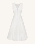 Front V-Neck Pleated Midi Dress - White
