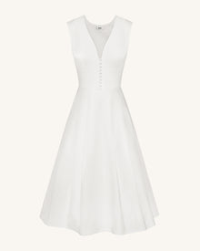 Front V-Neck Pleated Midi Dress - White