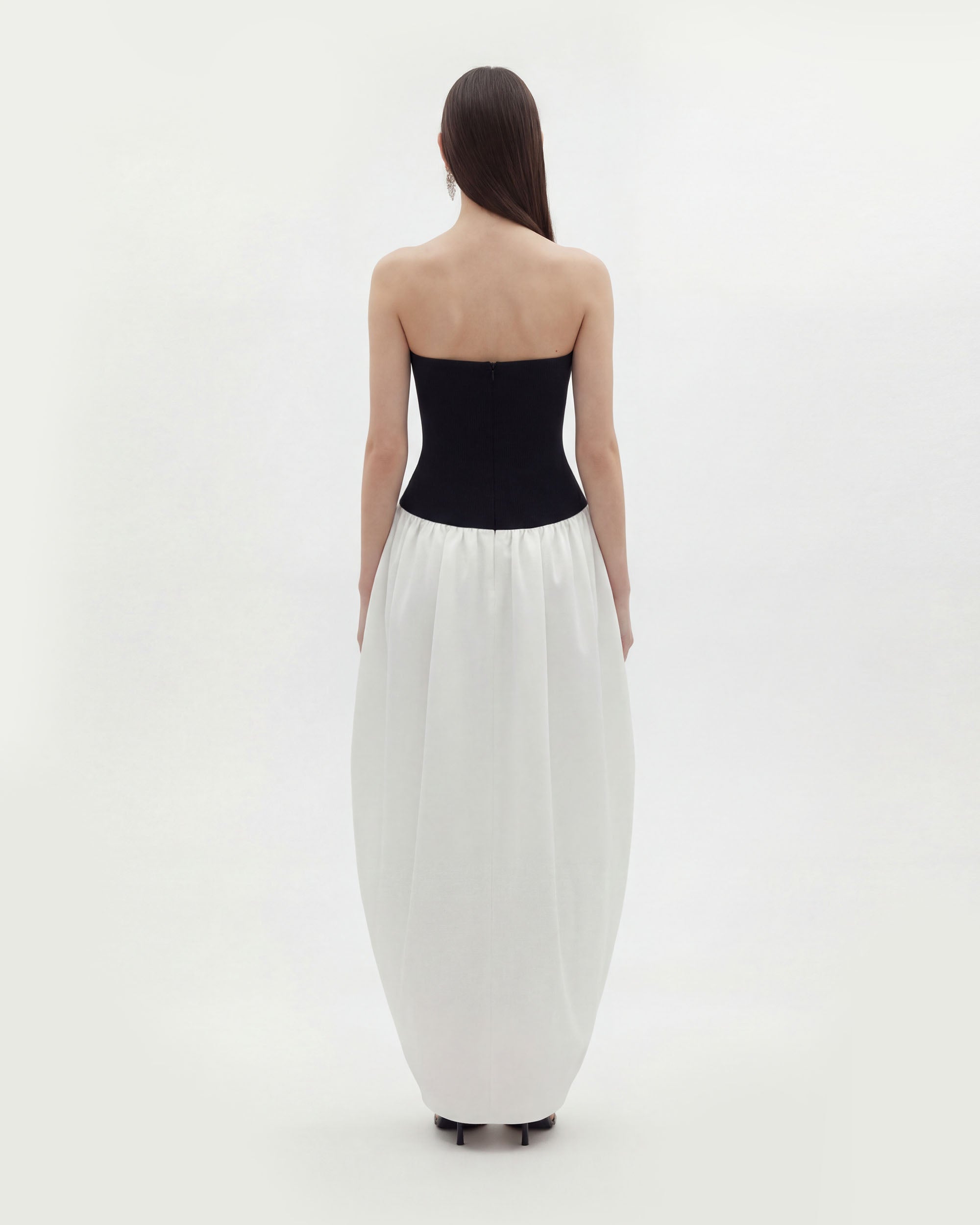 Monochrome Paneled Strapless Sculptural Maxi Dress - Black