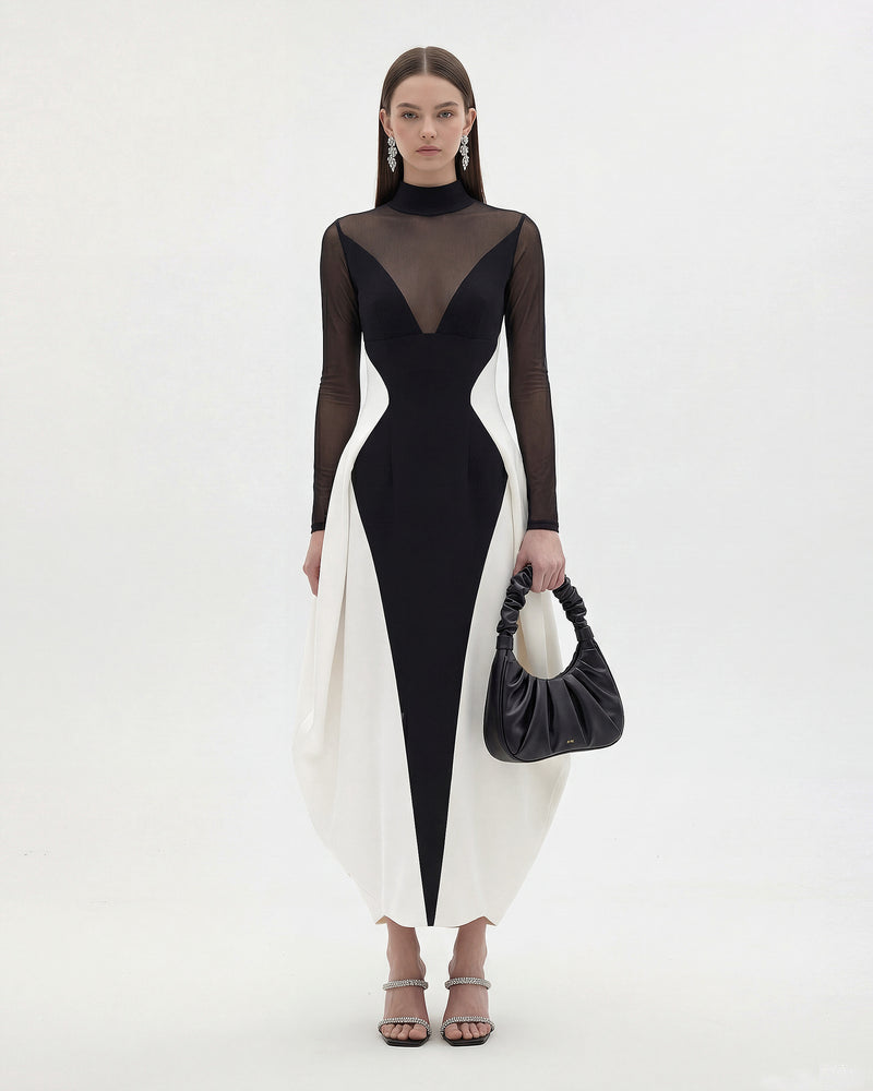 Monochrome Paneled Sheer Mesh Insert Maxi Dress - Black
