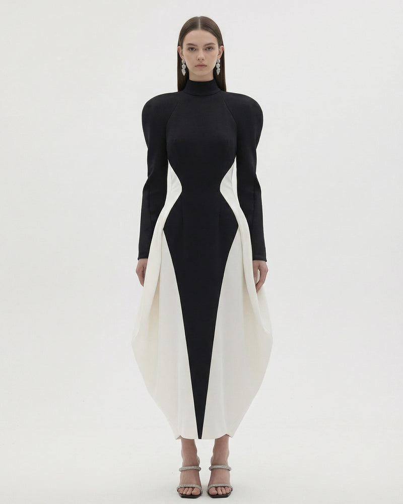 Contrast Paneled High-Neck Power-Shoulder Midi Dress - Black & White