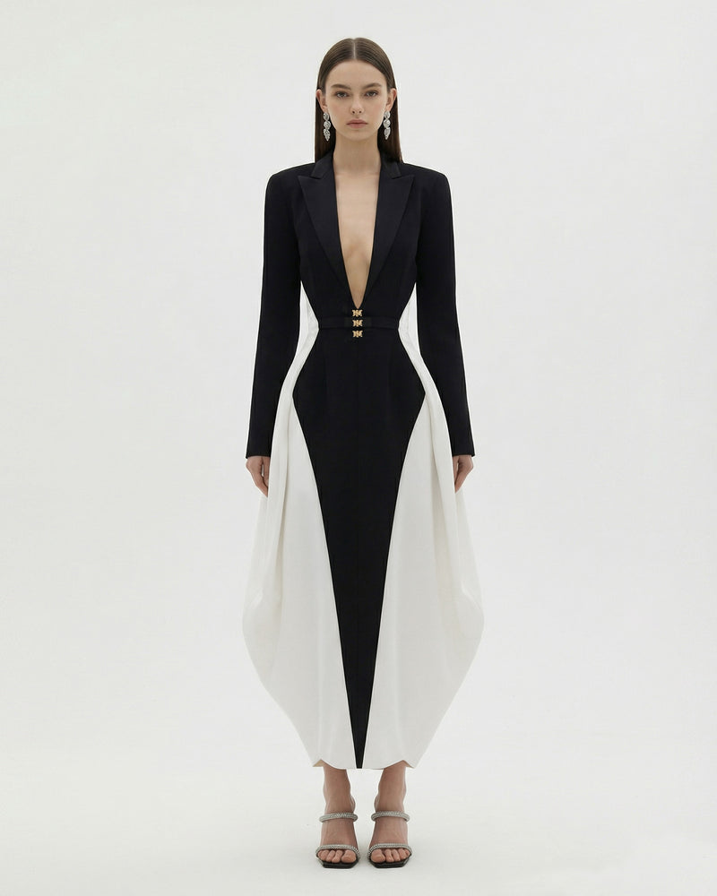 Contrast Paneled Plunging V-Neck Hourglass Midi Dress - Black