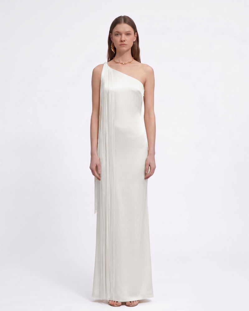Fringe One Shoulder Maxi Dress - White