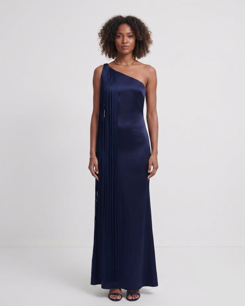 Fringe One Shoulder Maxi Dress - Navy Blue