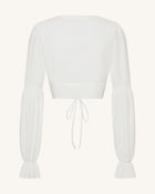 Chiffon Lantern-Sleeve Tie-Front Cropped Blouse - White