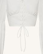 Chiffon Lantern-Sleeve Tie-Front Cropped Blouse - White