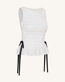 Smocked Peplum Sleeveless Top - White