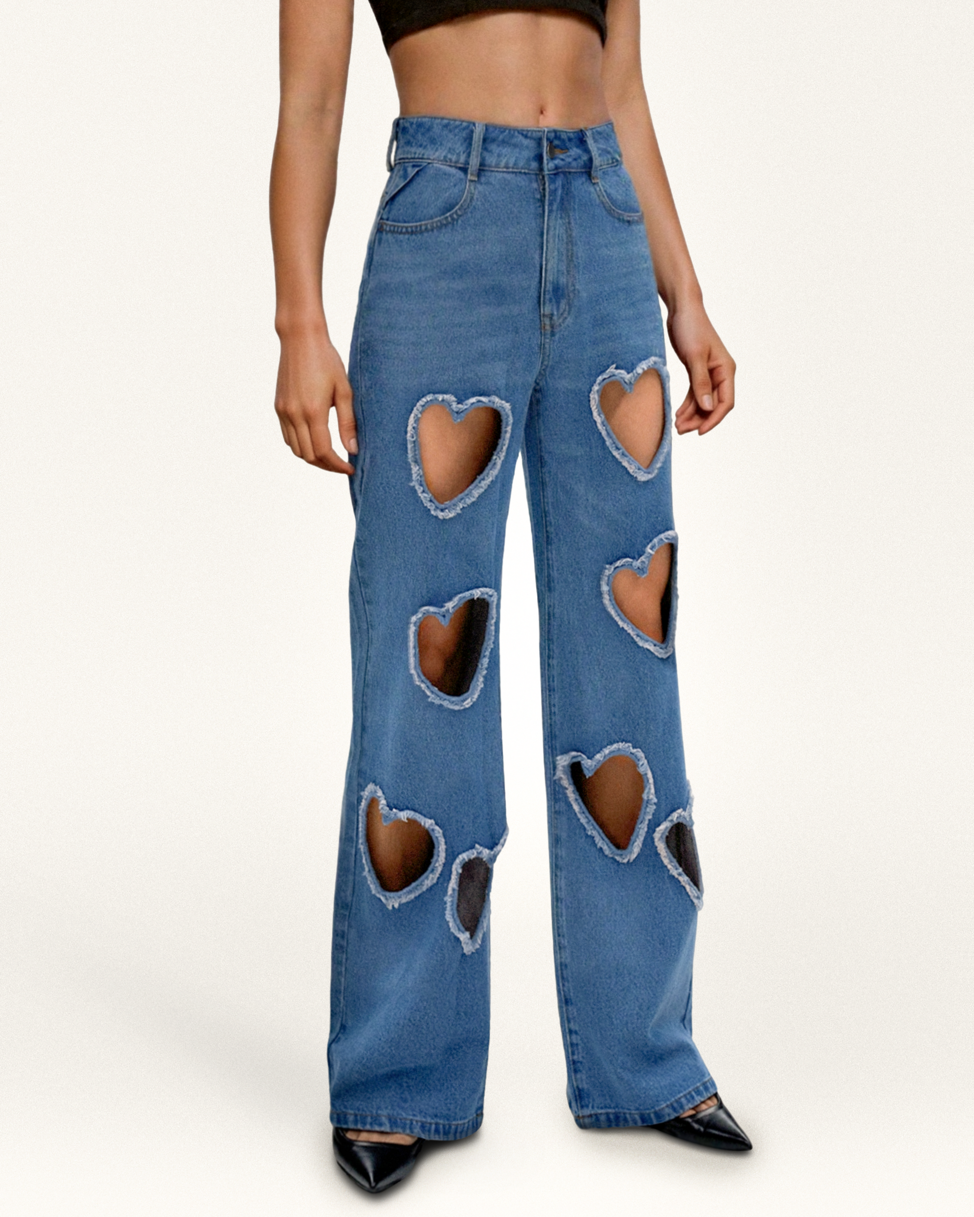 Sophia Embellished Heart Cut-Out Denim Jeans - Medium Blue | JW PEI