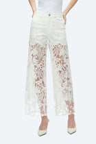 Embroidery High Rise Wide Leg Lace Denim Jeans With Rhinestone - White