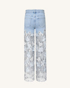 Embroidery High Rise Wide Leg Lace Denim Jeans With Rhinestone - Light Blue