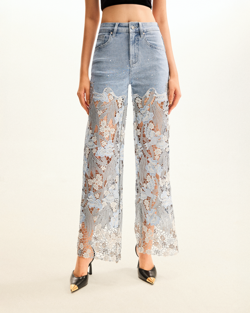 Embroidery High Rise Wide Leg Lace Denim Jeans With Rhinestone - Light Blue