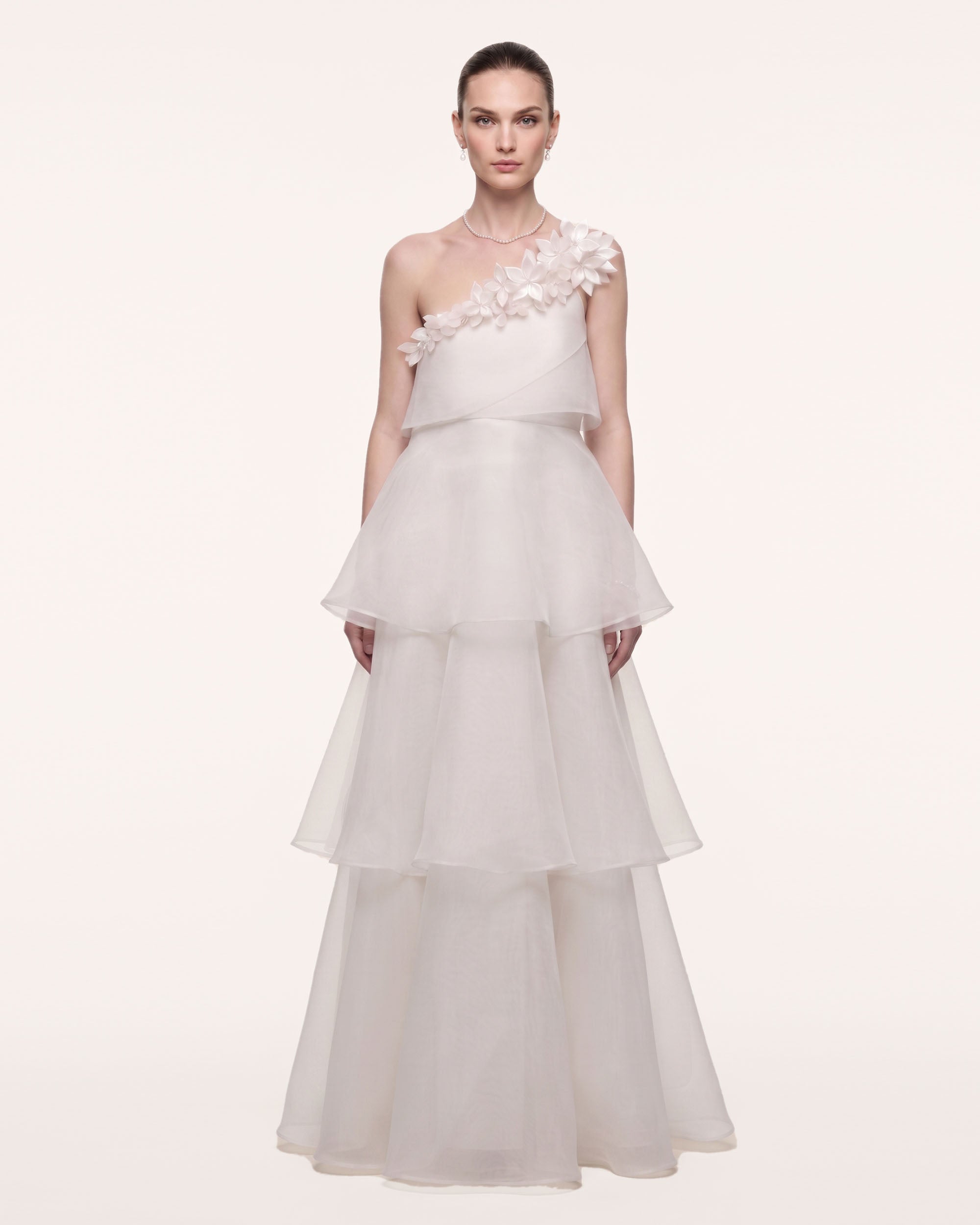 3D Floral Layered One-Shoulder Dress - Ivory