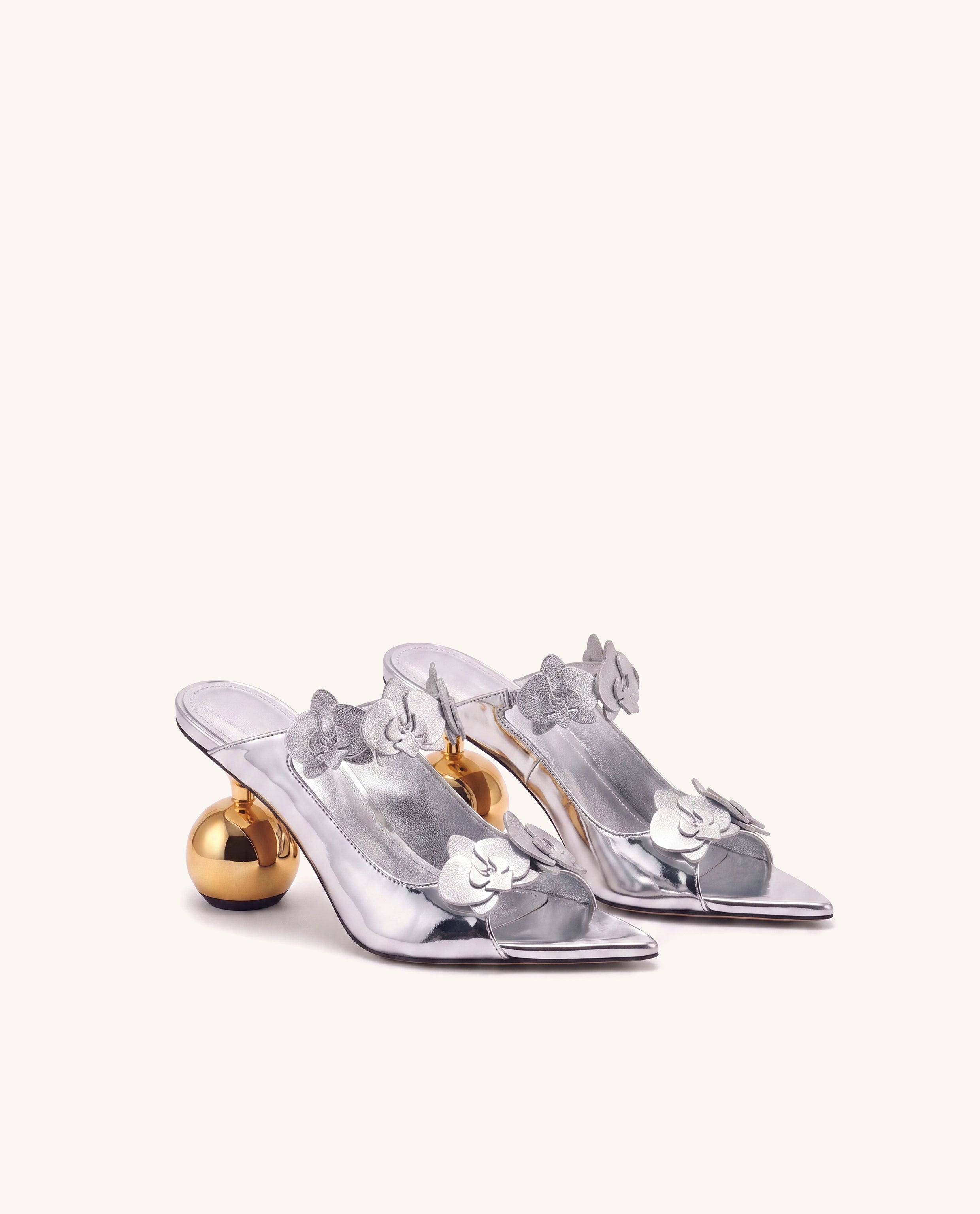 Rosalie Orchid Appliqué Sphere Heel Mules - Silver