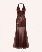 Orchid Embroidered Sheer Hem Halter Maxi Dress - Brown