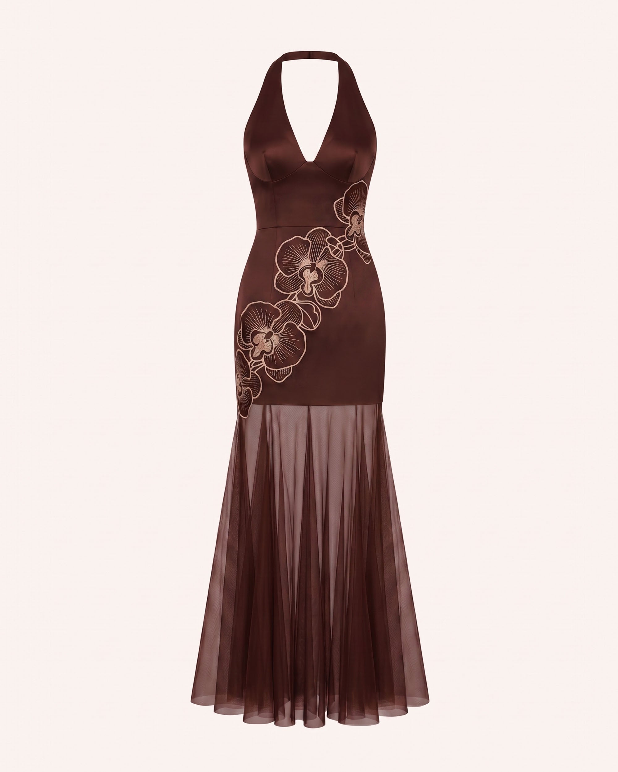 Orchid Embroidered Sheer Hem Halter Maxi Dress - Brown