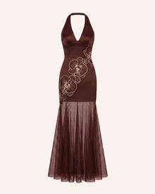 Orchid Embroidered Sheer Hem Halter Maxi Dress - Brown