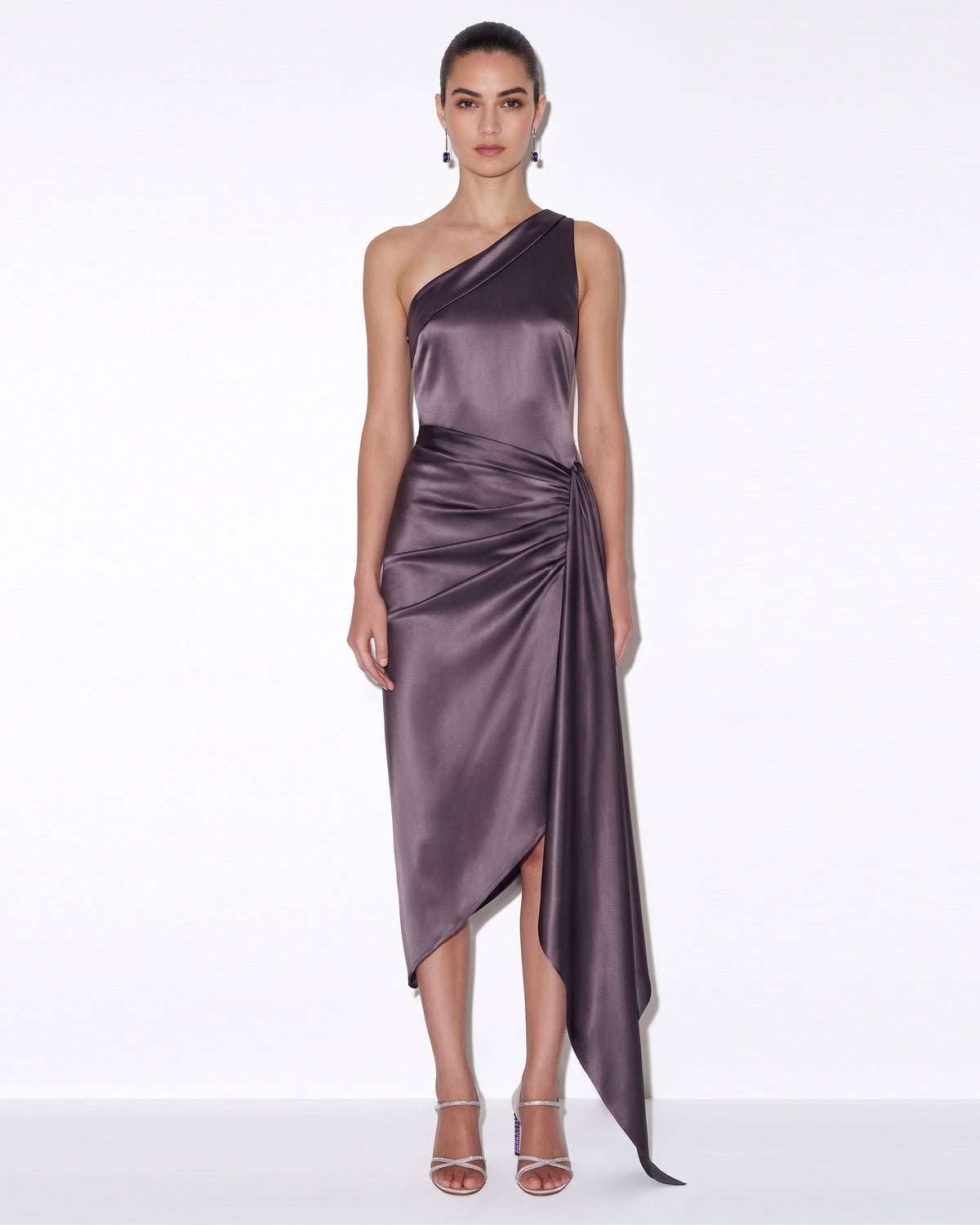 Satin One-Shoulder Ruched Asymmetric Midi Dress - Mauve