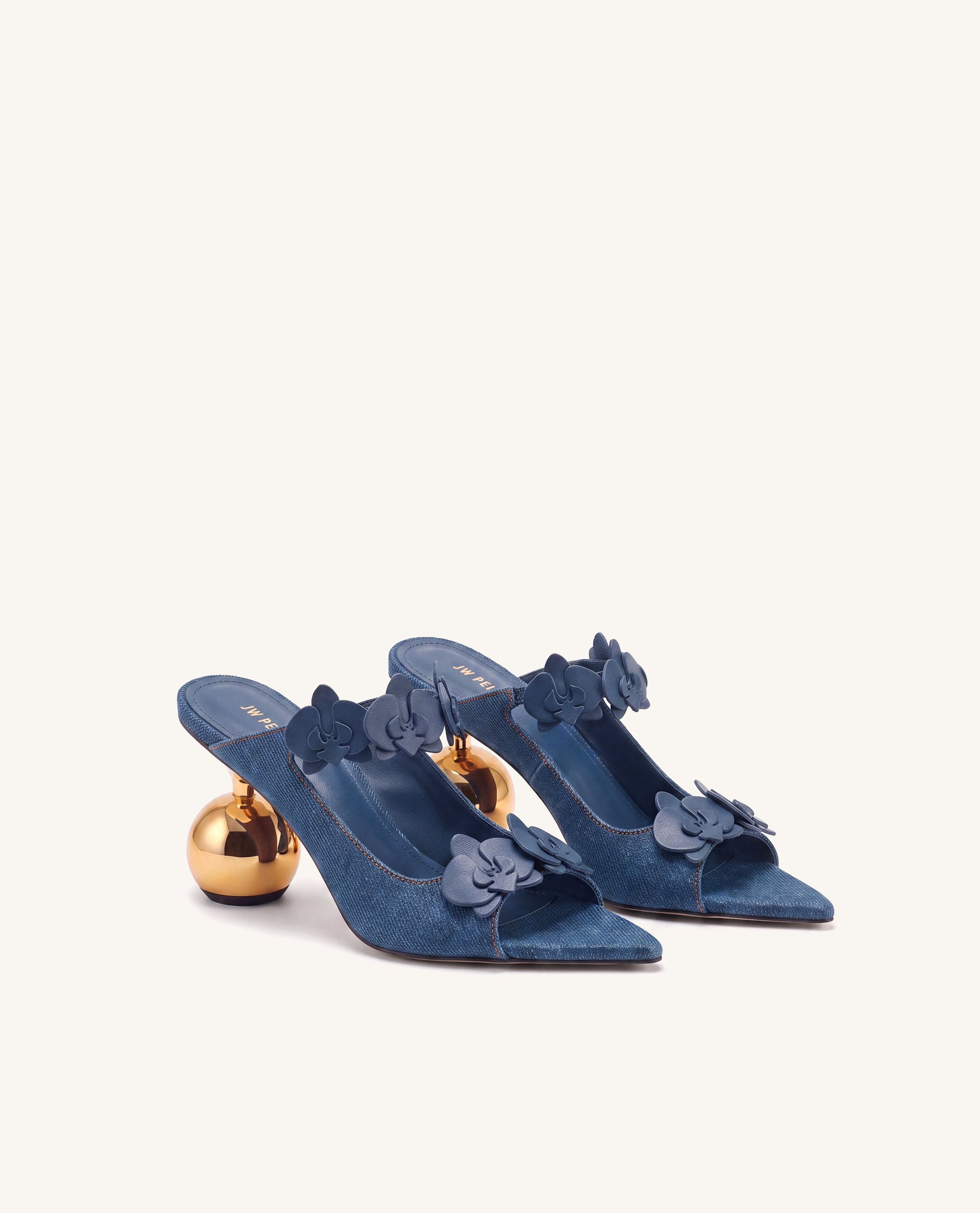 Rosalie Orchid Appliqué Sphere Heel Mules - Denim Blue