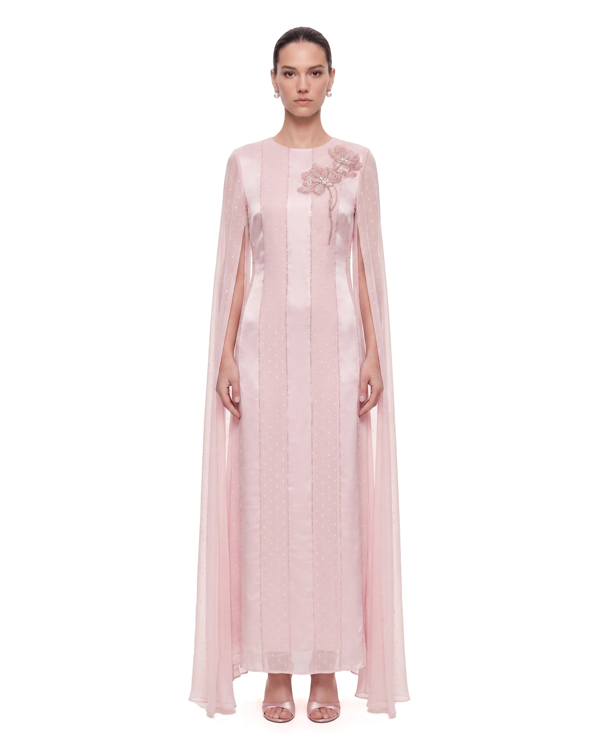 Floral Embellished Cape-Sleeve Maxi Dress - Blush