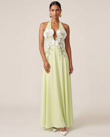 3D Floral Halter Cutout Satin Maxi Dress - Light Green