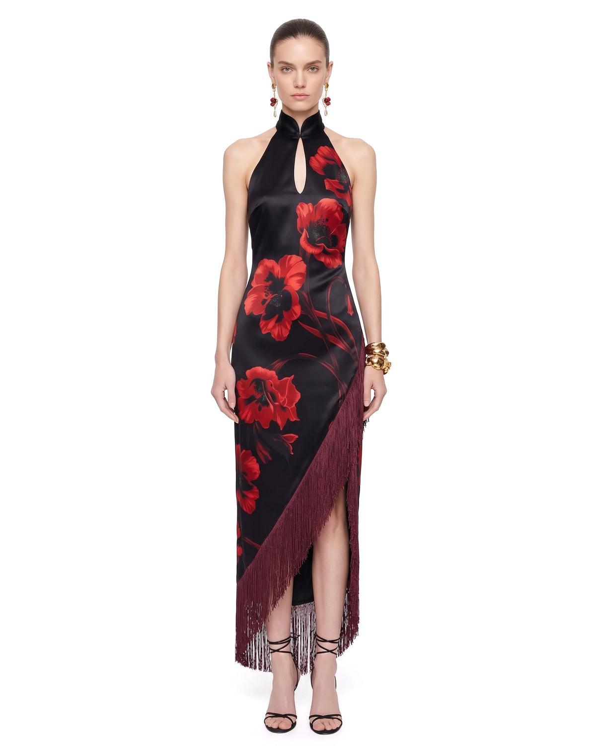 The Cheongsam-Reimagined Floral Slit Maxi Dress - Black & Red