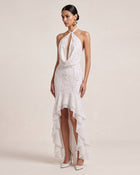 Orchid Beaded Embroidered Halter Cowl Neck High-Low Maxi Dress - White