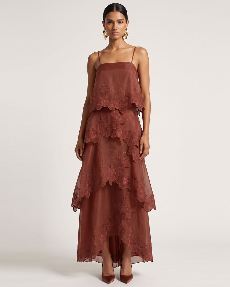 Orchid Embroidered Layered Maxi Dress - Reddish Brown