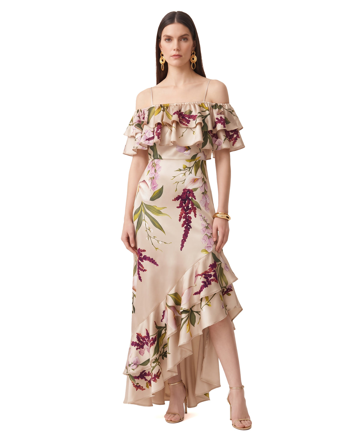 Floral Cold Shoulder Asymmetric Ruffle Dress - Champagne