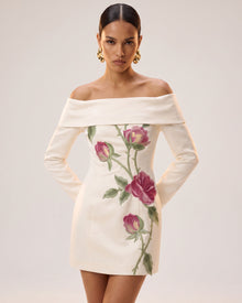 Rose Embroidered Foldover Long-Sleeve Mini Dress - Off White