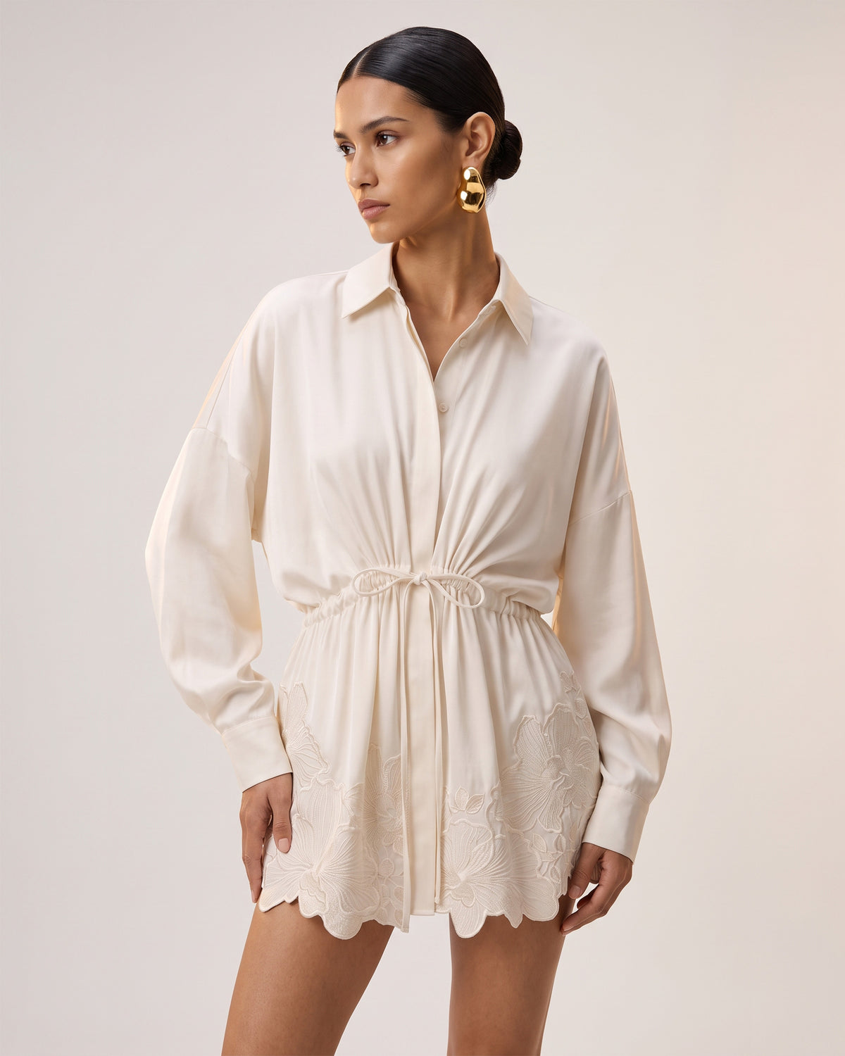 Orchid-Embroidered Drawstring-Waist Shirt Dress - Ivory White