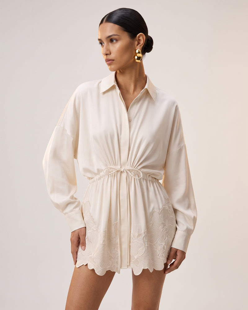Orchid-Embroidered Drawstring-Waist Shirt Dress - Ivory White