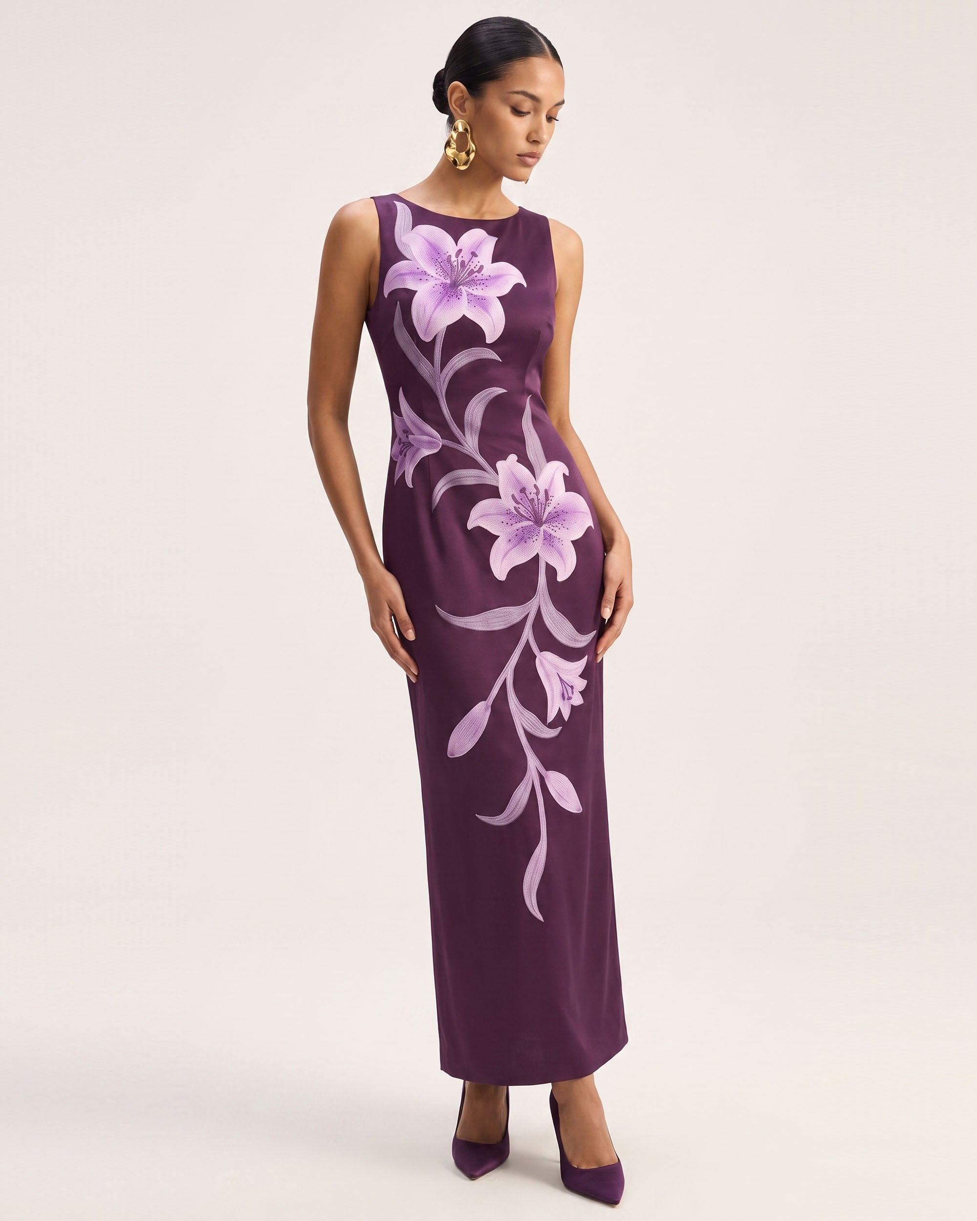 Lily Floral Print Sleeveless Column Maxi Dress - Dark Purple