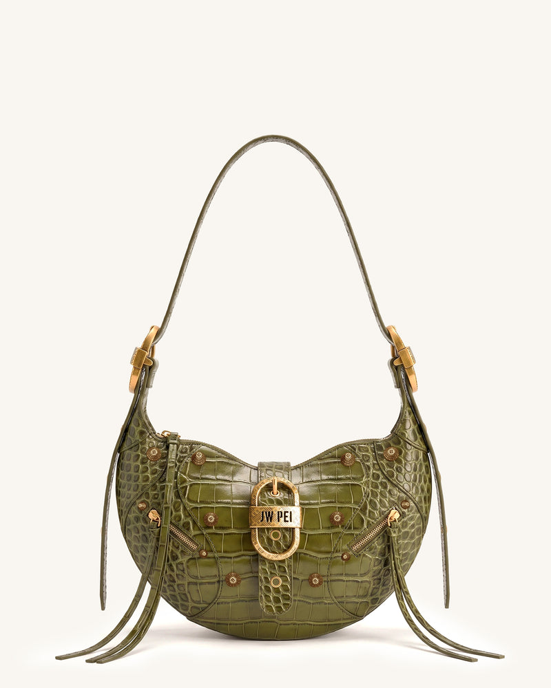Tessa Studded Shoulder Bag - Army Green Croc