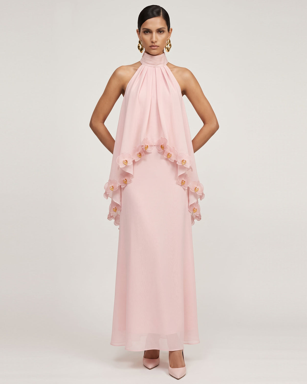 Orchid Embroidered Trim Ruched Halter Maxi Dress - Blush Pink