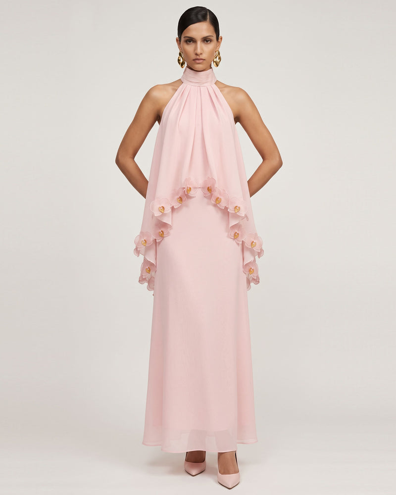 Orchid Embroidered Trim Ruched Halter Maxi Dress - Blush Pink