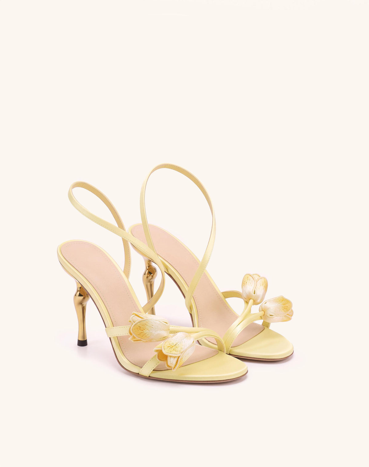 Amara Tulip Embroidered Wraparound Heels - Yellow
