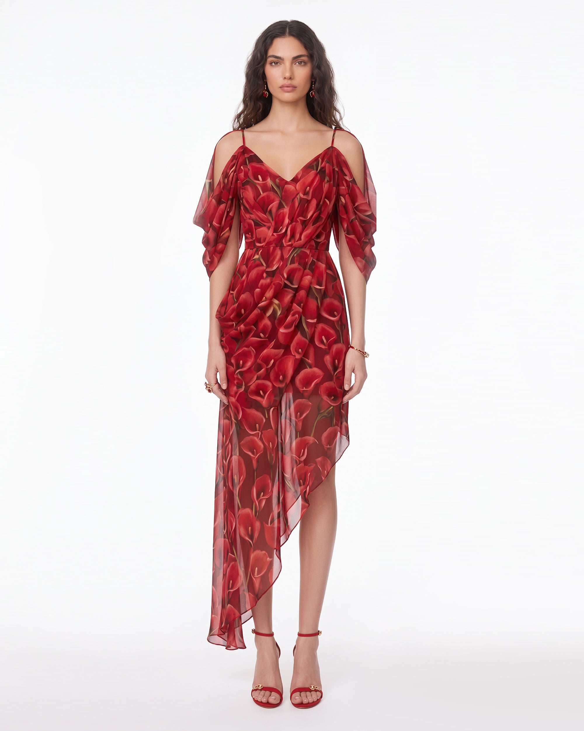 Calla Lily Draped Cold-Shoulder Asymmetric Midi Dress - Red