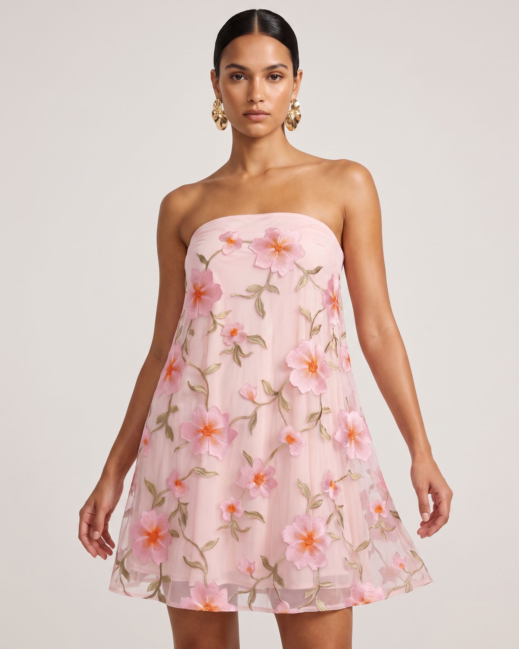 Floral Embroidered Strapless Mini Dress - Blush Pink
