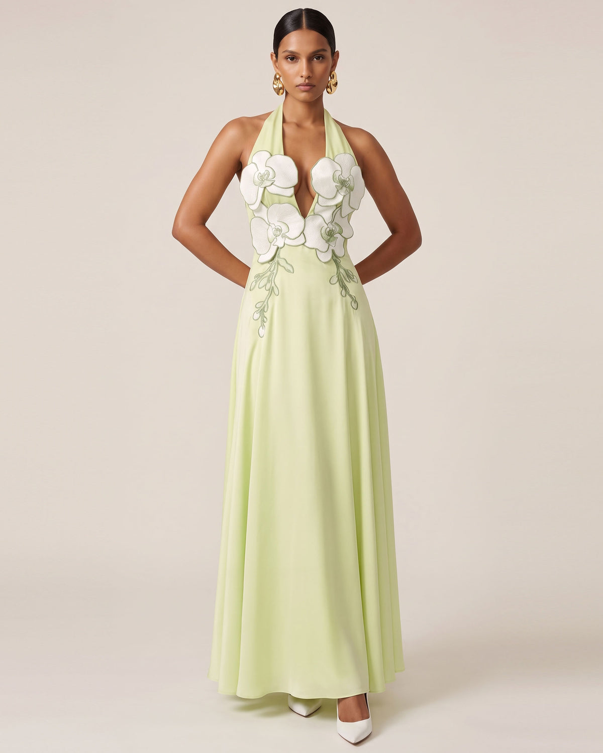 3D Floral Halter Cutout Satin Maxi Dress - Light Green