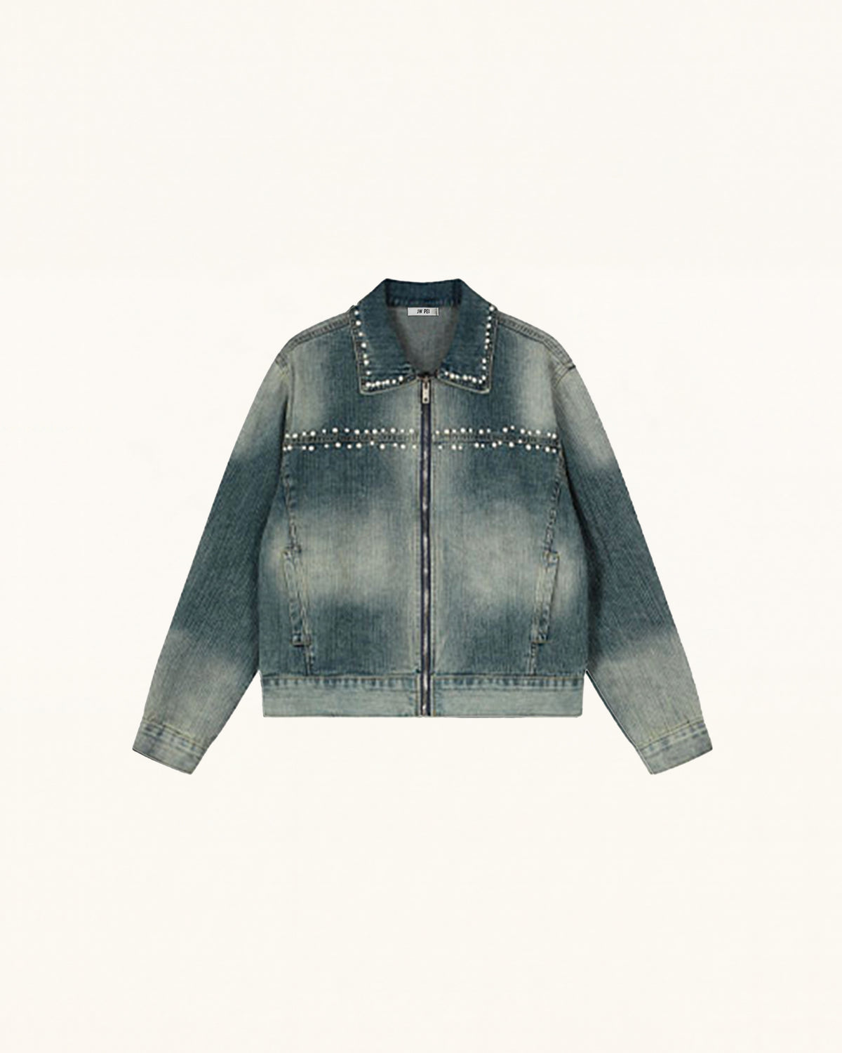Pearl Embellished Denim Jacket - Blue