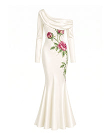 Rose Embroidered Long-Sleeve Foldover Maxi Dress - Pure White