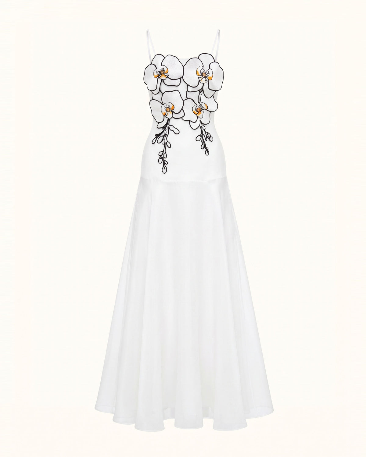3D Floral Spaghetti Strap A-Line Maxi Dress - White