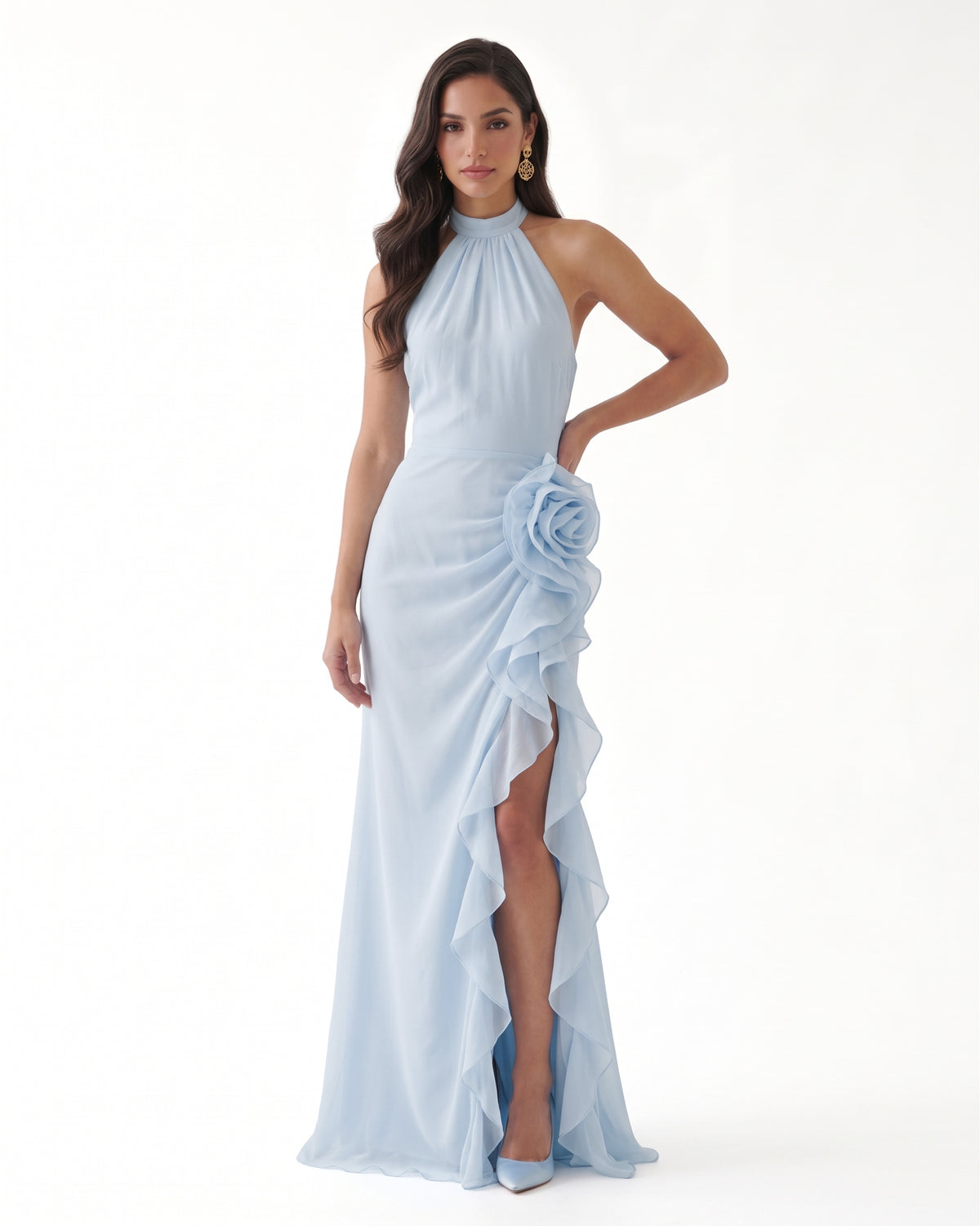 Halter Ruffle Rosette Slit Maxi Dress - Light Blue