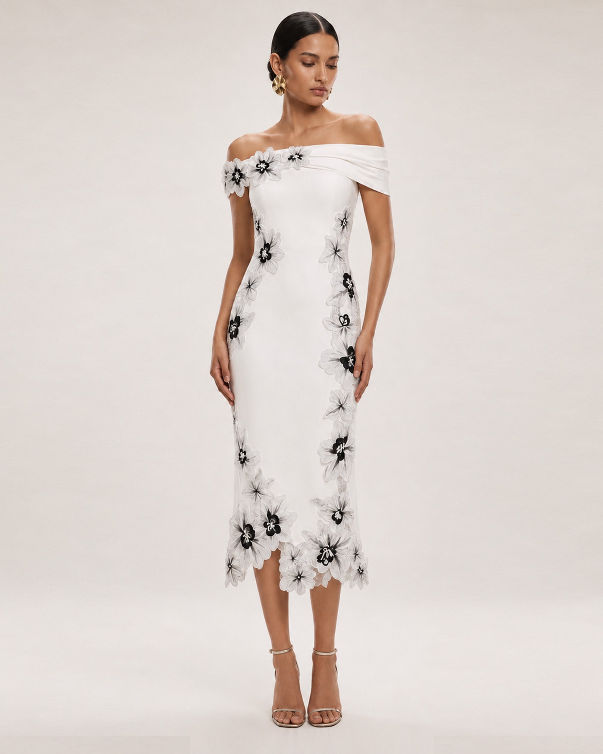 Flower Embroidered Off Shoulder Midi Dress - White