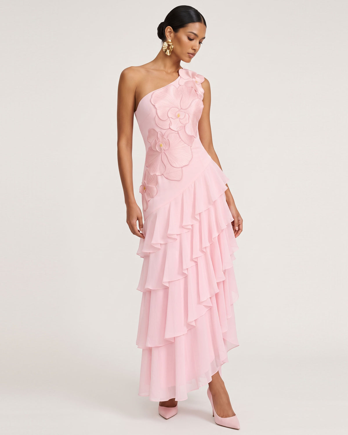 Orchid Embroidered One Shoulder Ruffle Maxi Dress - Pink