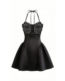 Flower Embroidered Halter Mini Dress - Black